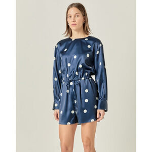 NEW! English Factory Dot Printed Satin Long Sleeve Romper Navy Medium